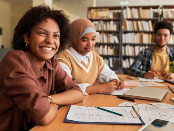Smiling woman sitting at table with students