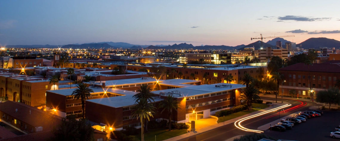 Aerial view of UA campus at night
